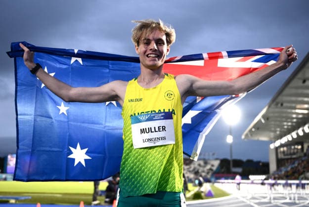 COM26 ATHLETICS, Silver medalist Ullrich Muller of Australia celebrates following the Mens 100m T38 Final during the Glasgow 2026 Commonwealth Games at Scotstoun Stadium in Glasgow, Scotland, Monday, July 27, 2026. ( NO ARCHIVING, EDITORIAL USE ONLY Glasgow United Kingdom  Copyright: xJOELxCARRETTx 20260728130745716141