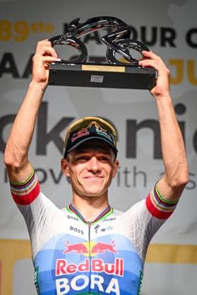 Belgian Remco Evenepoel of Red Bull-BORA-hansgrohe celebrates on the podium after winning the Natourcriterium Aalst cycling event, Monday 27 July 2026 in Aalst. The traditional criteriums are local showcases for which mainly cyclists who rode the Tour de France are invited. ELIASxROM  x182191065x