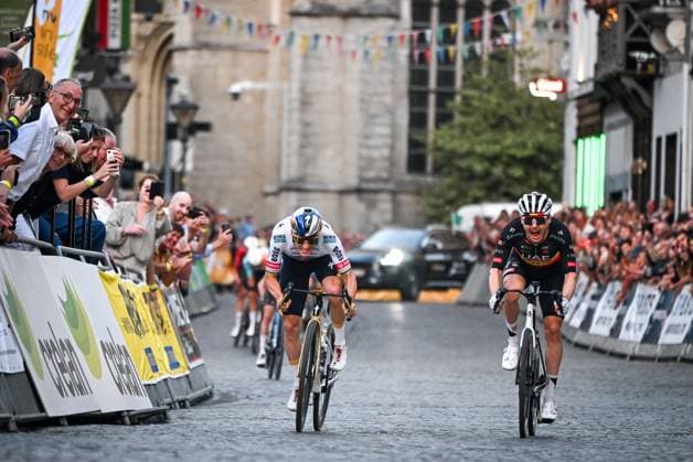 Belgian Remco Evenepoel of Red Bull-BORA-hansgrohe and Belgian Rune Herregodts of UAE Team Emirates-XRG sprint to the finish of the Natourcriterium Aalst cycling event, Monday 27 July 2026 in Aalst. The traditional criteriums are local showcases for which mainly cyclists who rode the Tour de France are invited. ELIASxROM  x182191131x