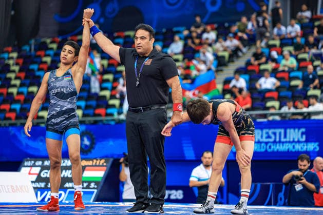 U17, U 17 Wrestling World Championships 51kg GR - Abdurrahman Huseynli (AZE) df. Kuanyshbek Zhangazhol (KAZ) *** U17 Wrestling World Championships, 51 kg Greco-Roman: Abdurrahman Huseynli (AZE) defeated Kuanyshbek Zhangazhol (KAZ) Copyright: xUnitedxWorldxWrestlingx xAmirrezx UWW-U17-WC-BAKU-2026
