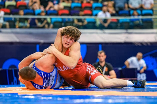 U17, U 17 Wrestling World Championships 110kg GR - Yahor Savich (BLR) df. Khachik Khachatryan (ARM) *** U17 Wrestling World Championships, 110 kg, Greco-Roman: Yahor Savich (BLR) defeated Khachik Khachatryan (ARM) Copyright: xUnitedxWorldxWrestlingx xAmirrezx UWW-U17-WC-BAKU-2026