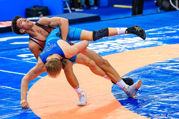 U17, U 17 Wrestling World Championships 60kg GR - Mohamed Amr Galal Taha Ahmed (EGY) df. Ronaldas Pogozelskis (LTU) *** U17 Wrestling World Championships, 60 kg Greco-Roman: Mohamed Amr Galal Taha Ahmed (EGY) defeated Ronaldas Pogozelskis (LTU) Copyright: xUnitedxWorldxWrestlingx xAmirrezx UWW-U17-WC-BAKU-2026