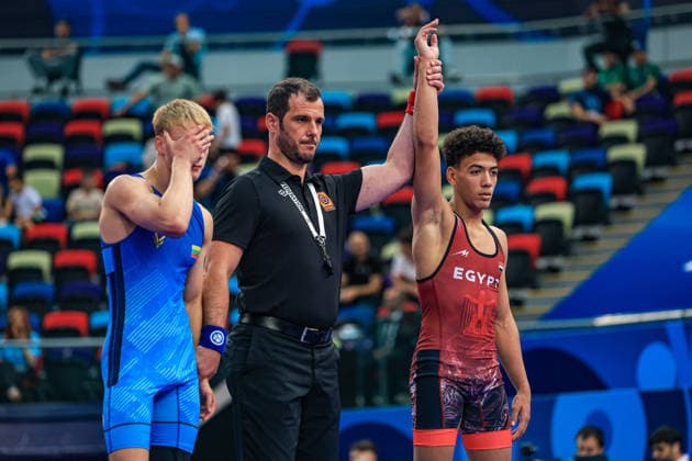 U17, U 17 Wrestling World Championships 60kg GR - Mohamed Amr Galal Taha Ahmed (EGY) df. Ronaldas Pogozelskis (LTU) *** U17 Wrestling World Championships, 60 kg Greco-Roman: Mohamed Amr Galal Taha Ahmed (EGY) defeated Ronaldas Pogozelskis (LTU) Copyright: xUnitedxWorldxWrestlingx xAmirrezx UWW-U17-WC-BAKU-2026