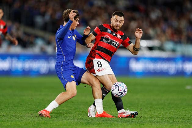SOCCER CHELSEA WANDERERS, Dylan Scicluna of the Wanderers is tackled by Reggie Walsh of Chelsea during the Sydney Super Cup match between Chelsea FC and the Western Sydney Wanderers FC at Accor Stadium in Sydney, Tuesday, July 28, 2026. ( NO ARCHIVING, EDITORIAL USE ONLY SYDNEY NEW SOUTH WALES AUSTRALIA  Copyright: xMARKxEVANSx 20260728167061913791