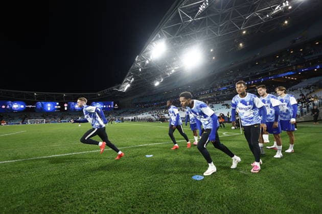 SOCCER CHELSEA WANDERERS, Chelsea players warm up ahead of the Sydney Super Cup match between Chelsea FC and the Western Sydney Wanderers FC at Accor Stadium in Sydney, Tuesday, July 28, 2026. ( NO ARCHIVING, EDITORIAL USE ONLY SYDNEY NEW SOUTH WALES AUSTRALIA  Copyright: xMARKxEVANSx 20260728150181044991