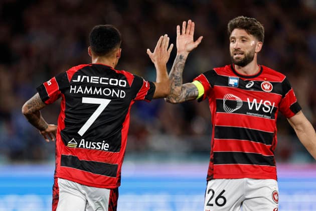 SOCCER CHELSEA WANDERERS, Aydan Hammond of the Wanderers celebrates scoring a goal with team mates the Sydney Super Cup match between Chelsea FC and the Western Sydney Wanderers FC at Accor Stadium in Sydney, Tuesday, July 28, 2026. ( NO ARCHIVING, EDITORIAL USE ONLY SYDNEY NEW SOUTH WALES AUSTRALIA  Copyright: xMARKxEVANSx 20260728177943964365
