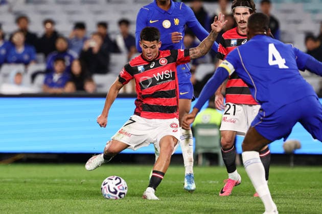 Aydan Hammond of Western Sydney Wanderers shoots and scores a goal during the match between Chelsea F.C. and Western Sydney Wanderers, Sydney Super Cup friendly at Accor Stadium, Sydney on 28 July 2026. Copyright: xPeterxDovganx 45290155