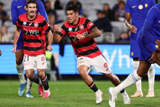 Aydan Hammond of Western Sydney Wanderers scores a goal and celebrates during the match between Chelsea F.C. and Western Sydney Wanderers, Sydney Super Cup friendly at Accor Stadium, Sydney on 28 July 2026. Copyright: xPeterxDovganx 45290156