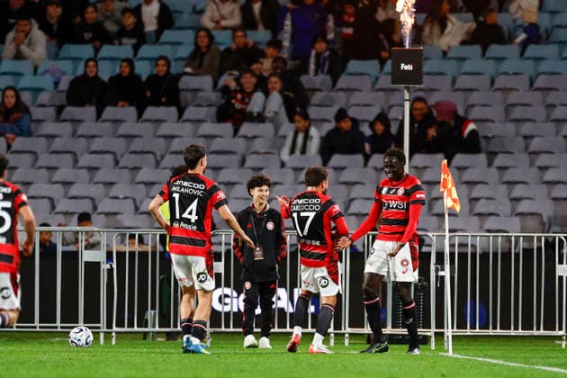SOCCER CHELSEA WANDERERS, Awan Lual of the Wanderers celebrates scoring a goal with team mates during of the Sydney Super Cup match between Chelsea FC and the Western Sydney Wanderers FC at Accor Stadium in Sydney, Tuesday, July 28, 2026. ( NO ARCHIVING, EDITORIAL USE ONLY SYDNEY NEW SOUTH WALES AUSTRALIA  Copyright: xMARKxEVANSx 20260728180958006216
