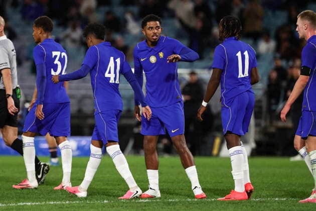 Levi Colwill of Chelsea congratulates Jamie Gittens of Chelsea on his goal during the match between Chelsea F.C. and Western Sydney Wanderers, Sydney Super Cup friendly at Accor Stadium, Sydney on 28 July 2026. Copyright: xPeterxDovganx 45290169
