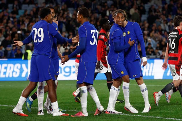 SOCCER CHELSEA WANDERERS, Joao Pedro of Chelsea celebrates scoring a goal with team mates during of the Sydney Super Cup match between Chelsea FC and the Western Sydney Wanderers FC at Accor Stadium in Sydney, Tuesday, July 28, 2026. ( NO ARCHIVING, EDITORIAL USE ONLY SYDNEY NEW SOUTH WALES AUSTRALIA  Copyright: xMARKxEVANSx 20260728120582619570