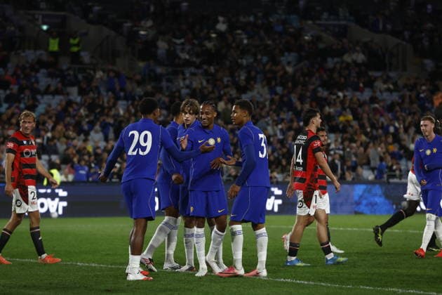 SOCCER CHELSEA WANDERERS, Joao Pedro of Chelsea celebrates scoring a goal with team mates during of the Sydney Super Cup match between Chelsea FC and the Western Sydney Wanderers FC at Accor Stadium in Sydney, Tuesday, July 28, 2026. ( NO ARCHIVING, EDITORIAL USE ONLY SYDNEY NEW SOUTH WALES AUSTRALIA  Copyright: xMARKxEVANSx 20260728155766759624