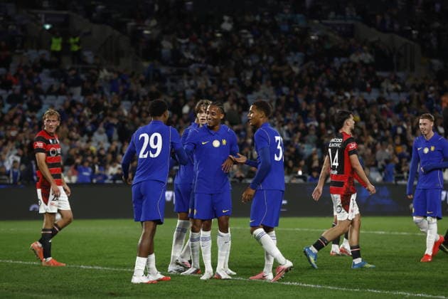 SOCCER CHELSEA WANDERERS, Joao Pedro of Chelsea celebrates scoring a goal with team mates during of the Sydney Super Cup match between Chelsea FC and the Western Sydney Wanderers FC at Accor Stadium in Sydney, Tuesday, July 28, 2026. ( NO ARCHIVING, EDITORIAL USE ONLY SYDNEY NEW SOUTH WALES AUSTRALIA  Copyright: xMARKxEVANSx 20260728178519528762