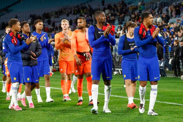 SOCCER CHELSEA WANDERERS, Chelsea celebrate after winning the Sydney Super Cup match between Chelsea FC and the Western Sydney Wanderers FC at Accor Stadium in Sydney, Tuesday, July 28, 2026. ( NO ARCHIVING, EDITORIAL USE ONLY SYDNEY NEW SOUTH WALES AUSTRALIA  Copyright: xMARKxEVANSx 20260728178877669515