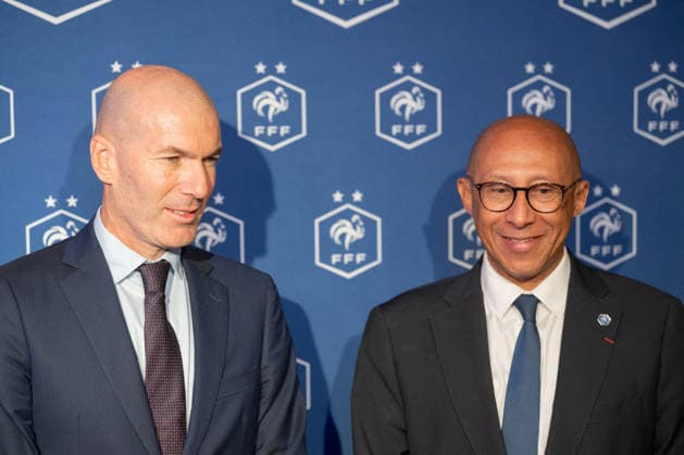press conference, PK, Pressekonferenz to present Zinedine Zidane as the new coach of France Football national team, Nationalteam - Paris AJ Former French international football player Zinedine Zidane (L) and President of the French Football Federation (FFF) Philippe Diallo (R) shake hands as they pose after a press conference to present him as the new head coach of France national football team at the French Football Federation headquarters (FFF) in Paris, France on July 28, 2026. The former France playmaker, who won the 1998 World Cup and the 2000 European Championship, EM, Europameisterschaft as a player, has been appointed head coach of the French national team, succeeding Didier Deschamps, the French Football Federation (FFF) announced. Zidane takes over from his former teammate Deschamps, who had been in charge since 2012; Deschamps tenure ended with a fourth-place finish at the 2026 World Cup, following a title win in 2018 and a final appearance in 2022. Photo by Alexis Jumeau ABACAPRESS.COM Paris France  Copyright: xJumeauxAlexis ABACAx
