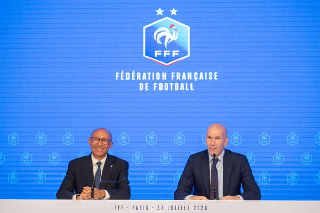 press conference, PK, Pressekonferenz to present Zinedine Zidane as the new coach of France Football national team, Nationalteam - Paris AJ President of the French Football Federation (FFF) Philippe Diallo and Former French international football player Zinedine Zidane during a press conference to present him as the new head coach of France national football team at the French Football Federation headquarters (FFF) in Paris, France on July 28, 2026. The former France playmaker, who won the 1998 World Cup and the 2000 European Championship, EM, Europameisterschaft as a player, has been appointed head coach of the French national team, succeeding Didier Deschamps, the French Football Federation (FFF) announced. Zidane takes over from his former teammate Deschamps, who had been in charge since 2012; Deschamps tenure ended with a fourth-place finish at the 2026 World Cup, following a title win in 2018 and a final appearance in 2022. Photo by Alexis Jumeau ABACAPRESS.COM Paris France  Copyright: xJumeauxAlexis ABACAx