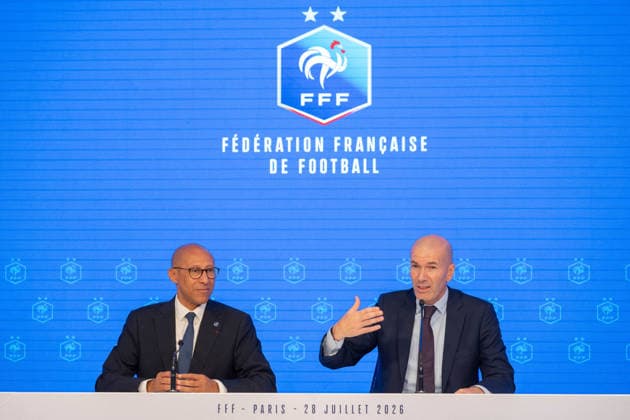 press conference, PK, Pressekonferenz to present Zinedine Zidane as the new coach of France Football national team, Nationalteam - Paris AJ President of the French Football Federation (FFF) Philippe Diallo and Former French international football player Zinedine Zidane during a press conference to present him as the new head coach of France national football team at the French Football Federation headquarters (FFF) in Paris, France on July 28, 2026. The former France playmaker, who won the 1998 World Cup and the 2000 European Championship, EM, Europameisterschaft as a player, has been appointed head coach of the French national team, succeeding Didier Deschamps, the French Football Federation (FFF) announced. Zidane takes over from his former teammate Deschamps, who had been in charge since 2012; Deschamps tenure ended with a fourth-place finish at the 2026 World Cup, following a title win in 2018 and a final appearance in 2022. Photo by Alexis Jumeau ABACAPRESS.COM Paris France  Copyright: xJumeauxAlexis ABACAx