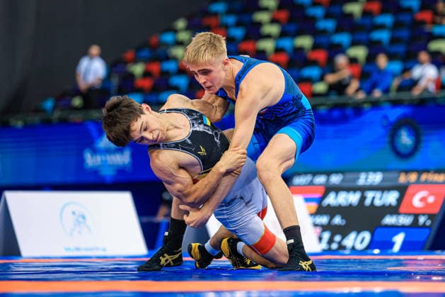 U17, U 17 Wrestling World Championships 51kg GR - Denys Kiryk (UKR) df. Jan Beran (CZE) *** U17 Wrestling World Championships, 51 kg Greco-Roman: Denys Kiryk (UKR) defeated Jan Beran (CZE) Copyright: xUnitedxWorldxWrestlingx xAmirrezx UWW-U17-WC-BAKU-2026