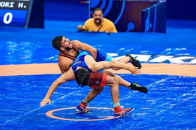 U17, U 17 Wrestling World Championships 60kg GR - Amirreza Saeid Tahmasbpourmarzouni (IRI) df. Hinata Hanamori (JPN) *** U17 Wrestling World Championships, 60 kg Greco-Roman: Amirreza Saeid Tahmasbpourmarzouni (IRI) defeated Hinata Hanamori (JPN) Copyright: xUnitedxWorldxWrestlingx xAmirrezx UWW-U17-WC-BAKU-2026