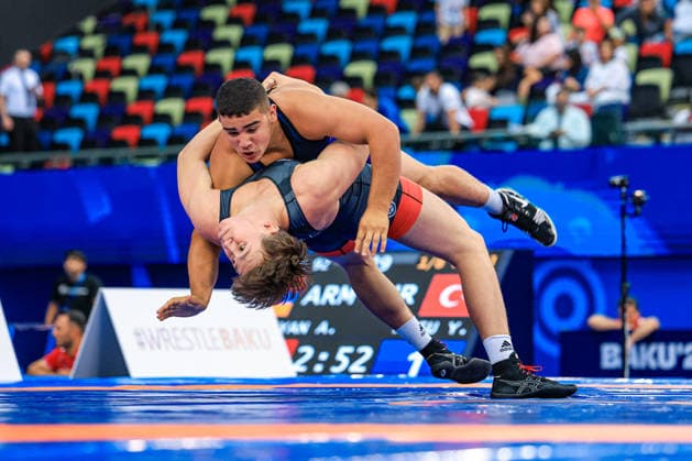 U17, U 17 Wrestling World Championships 92kg GR - Hlib Yevsieiev (UKR) df. Amirreza Ghasem Mehritalarposhti (IRI) *** U17 Wrestling World Championships, 92 kg Greco-Roman: Yevsieiev (UKR) defeated Amirreza Ghasem Mehritalarposhti (IRI) by fall Copyright: xUnitedxWorldxWrestlingx xAmirrezx UWW-U17-WC-BAKU-2026