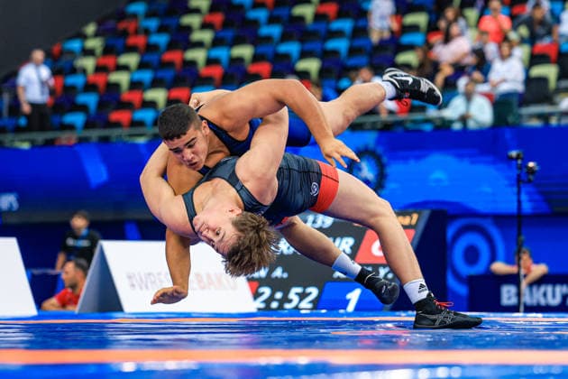U17, U 17 Wrestling World Championships 92kg GR - Hlib Yevsieiev (UKR) df. Amirreza Ghasem Mehritalarposhti (IRI) *** U17 Wrestling World Championships, 92 kg Greco-Roman: Yevsieiev (UKR) defeated Amirreza Ghasem Mehritalarposhti (IRI) by fall Copyright: xUnitedxWorldxWrestlingx xAmirrezx UWW-U17-WC-BAKU-2026