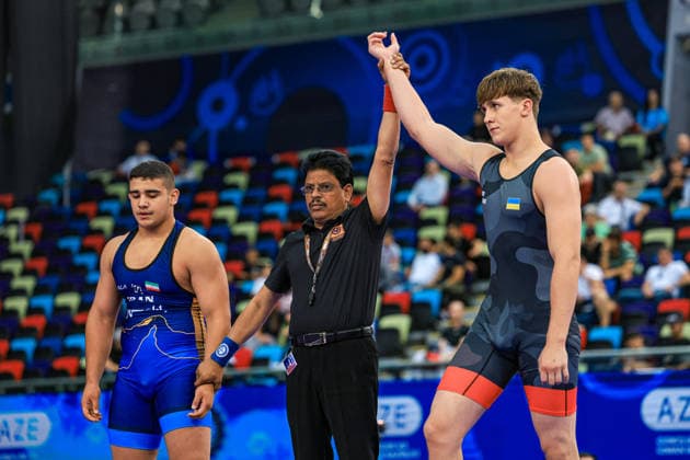 U17, U 17 Wrestling World Championships 92kg GR - Hlib Yevsieiev (UKR) df. Amirreza Ghasem Mehritalarposhti (IRI) *** U17 Wrestling World Championships, 92 kg Greco-Roman: Yevsieiev (UKR) defeated Amirreza Ghasem Mehritalarposhti (IRI) by fall Copyright: xUnitedxWorldxWrestlingx xAmirrezx UWW-U17-WC-BAKU-2026