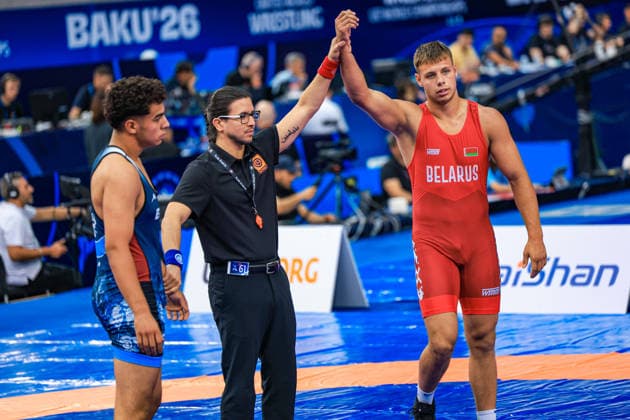 U17, U 17 Wrestling World Championships 92kg GR - Mark Kot (BLR) df. Ahmed Moustafa Abdelnasser Fouad Ahmed Elgendi (EGY) *** U17 Wrestling World Championships, 92 kg Greco-Roman: Mark Kot (BLR) defeated Ahmed Moustafa Abdelnasser Fouad Ahmed Elgendi (EGY) Copyright: xUnitedxWorldxWrestlingx xAmirrezx UWW-U17-WC-BAKU-2026