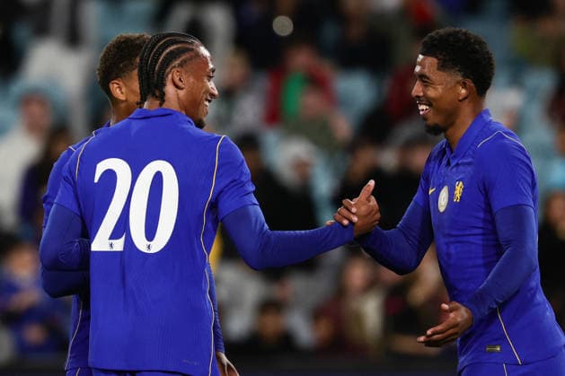 Jo‹o Pedro of Chelsea is congratulated by Wesley Fofana of Chelsea after scoring during the match between Chelsea F.C. and Western Sydney Wanderers, Sydney Super Cup friendly at Accor Stadium, Sydney on 28 July 2026. Copyright: xPeterxDovganx 45290197
