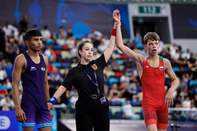U17, U 17 Wrestling World Championships 51kg GR - Boris Krasimirov Krumov (BUL) df. Dhiraj Shashikant Daphale (IND) *** U17 Wrestling World Championships, 51 kg Greco-Roman: Boris Krasimirov Krumov (BUL) defeated Dhiraj Shashikant Daphale (IND) Copyright: xKostadinxAndonovx UWW-U17-WC-BAKU-2026
