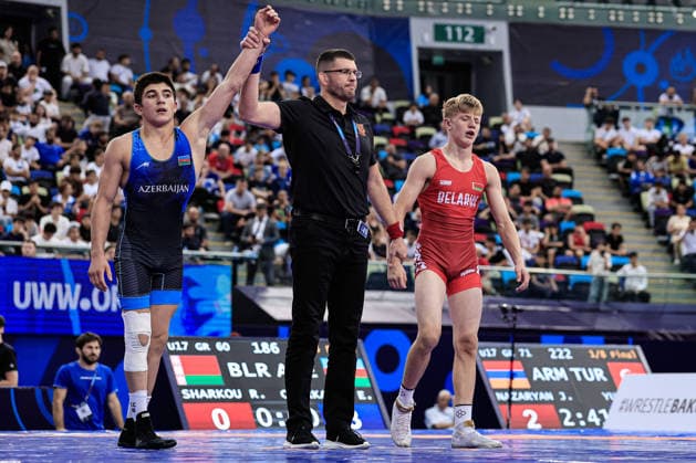 U17, U 17 Wrestling World Championships 60kg GR - Elmir Charkazov (AZE) df. Raman Sharkou (BLR) *** U17 Wrestling World Championships, 60 kg Greco-Roman: Elmir Charkazov (AZE) def. Raman Sharkou (BLR) Copyright: xKostadinxAndonovx UWW-U17-WC-BAKU-2026
