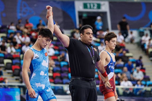 U17, U 17 Wrestling World Championships 60kg GR - Ulan Kubanychbekovich Dzhanaliev (KGZ) df. Sultan Kusht (FIN) *** U17 Wrestling World Championships, 60 kg Greco-Roman: Ulan Kubanychbekovich Dzhanaliev (KGZ) def. Sultan Kusht (FIN) Copyright: xKostadinxAndonovx UWW-U17-WC-BAKU-2026