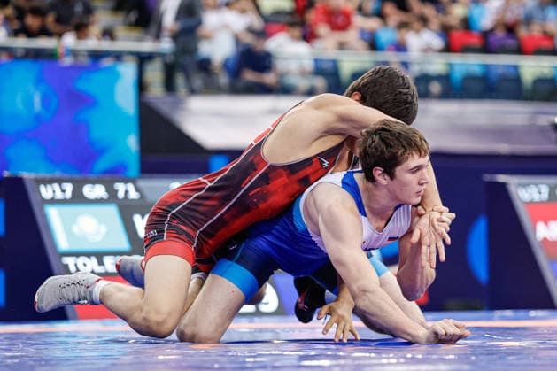 U17, U 17 Wrestling World Championships 71kg GR - Aslan Dzuev (RUS) df. Alinur Toleugali (KAZ) *** U17 Wrestling World Championships, 71 kg Greco-Roman: Aslan Dzuev (RUS) defeated Alinur Toleugali (KAZ) by fall Copyright: xKostadinxAndonovx UWW-U17-WC-BAKU-2026
