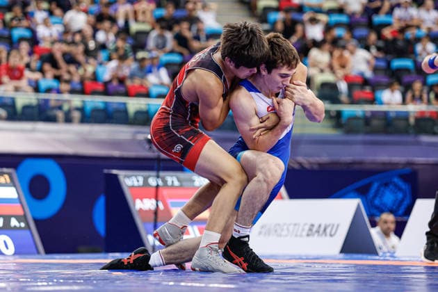 U17, U 17 Wrestling World Championships 71kg GR - Aslan Dzuev (RUS) df. Alinur Toleugali (KAZ) *** U17 Wrestling World Championships, 71 kg Greco-Roman: Aslan Dzuev (RUS) defeated Alinur Toleugali (KAZ) by fall Copyright: xKostadinxAndonovx UWW-U17-WC-BAKU-2026