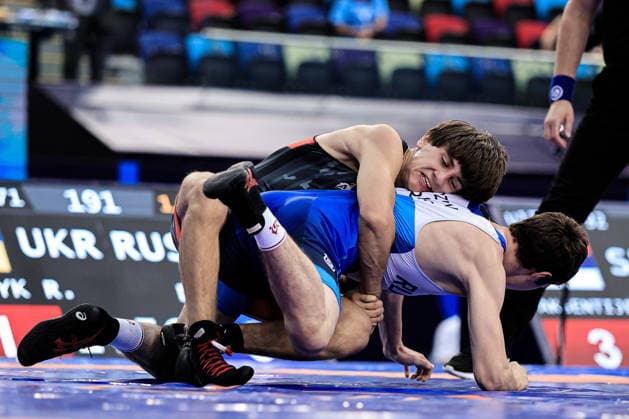 U17, U 17 Wrestling World Championships 71kg GR - Aslan Dzuev (RUS) df. Roman Ivanyk (UKR) *** U17 Wrestling World Championships, 71 kg Greco-Roman: Aslan Dzuev (RUS) defeated Roman Ivanyk (UKR) by fall Copyright: xKostadinxAndonovx UWW-U17-WC-BAKU-2026