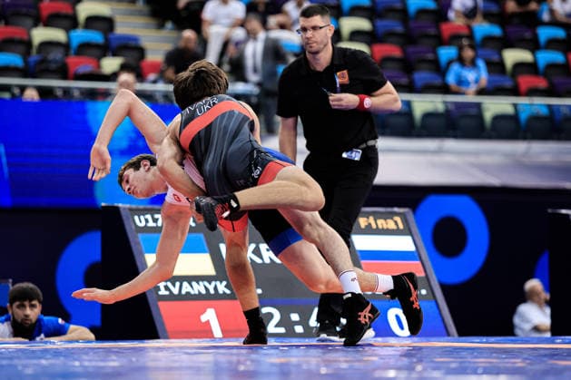 U17, U 17 Wrestling World Championships 71kg GR - Aslan Dzuev (RUS) df. Roman Ivanyk (UKR) *** U17 Wrestling World Championships, 71 kg Greco-Roman: Aslan Dzuev (RUS) defeated Roman Ivanyk (UKR) by fall Copyright: xKostadinxAndonovx UWW-U17-WC-BAKU-2026