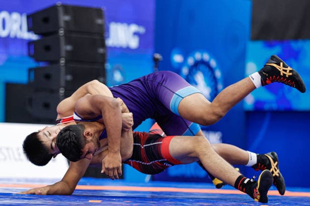 U17, U 17 Wrestling World Championships 71kg GR - Baiel Bakytbekovich Nuraliev (KGZ) df. Parnam Singh (IND) *** U17 Wrestling World Championships, 71 kg, Greco-Roman: Baiel Bakytbekovich Nuraliev (KZ) def. Parnam Singh (IND) Copyright: xKostadinxAndonovx UWW-U17-WC-BAKU-2026