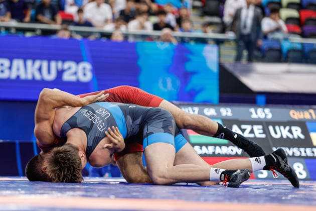 U17, U 17 Wrestling World Championships 92kg GR - Hlib Yevsieiev (UKR) df. Zohrab Safarov (AZE) *** U17 Wrestling World Championships, 92 kg Greco-Roman: Yevsieiev (UKR) defeated Safarov (AZE) by fall Copyright: xKostadinxAndonovx UWW-U17-WC-BAKU-2026