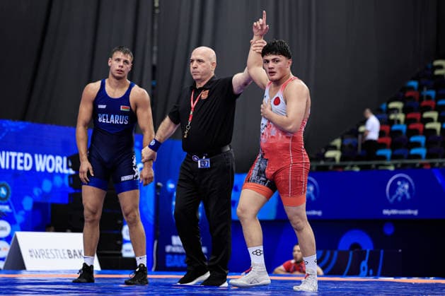 U17, U 17 Wrestling World Championships 92kg GR - Yusuf Yaser Aksu (TUR) df. Mark Kot (BLR) *** U17 Wrestling World Championships, 92 kg, Greco-Roman: Yusuf Yaser Aksu (TUR) defeated Mark Kot (BLR) by fall Copyright: xKostadinxAndonovx UWW-U17-WC-BAKU-2026