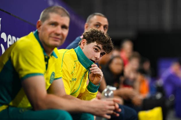 COM26 ARTISTIC GYMNASTICS, James Hardy of Australia reacts during the Artistic Gymnastics Men™s Vault Final during the Glasgow 2026 Commonwealth Games at the Glasgow International Arena in Glasgow, Scotland, Tuesday, July 28, 2026. ( NO ARCHIVING, EDITORIAL USE ONLY Glasgow Scotland United Kingdom  Copyright: xLUKASxCOCHx 20260728116979040952