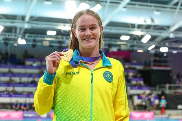 July 27, 2026, Glasgow, Scotland, Great Britain: ALEX PERKINS of Australia poses with her gold medal in the Swimming Women s 100m Butterfly Medal Ceremony of the Commonwealth Games Glasgow 2026 at the Tollcross International Swimming Centre in Glasgow, Scotland. Commowealth Games 2026: Swimming  - ZUMAc179 20260727_zep_c179_479 Copyright: xMickaelxChavetx