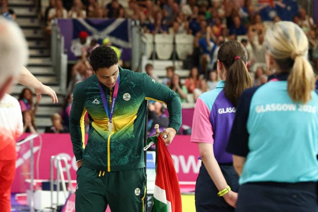 July 27, 2026, Glasgow, Scotland, Great Britain: MICHAEL HOULIE of South Africa poses with the silver medal during the Swimming Men s 50m Breaststroke Medal Ceremony of the Commonwealth Games Glasgow 2026 at the Tollcross International Swimming Centre in Glasgow, Scotland. Glasgow Great Britain - ZUMAc179 20260727_zep_c179_495 Copyright: xMickaelxChavetx