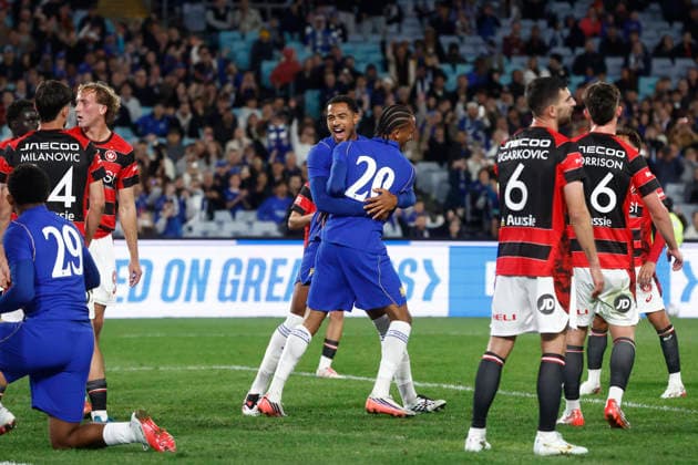 SOCCER CHELSEA WANDERERS, Joao Pedro of Chelsea celebrates his third goal during the Sydney Super Cup match between Chelsea FC and the Western Sydney Wanderers FC at Accor Stadium in Sydney, Tuesday, July 28, 2026. ( NO ARCHIVING, EDITORIAL USE ONLY SYDNEY NEW SOUTH WALES AUSTRALIA  Copyright: xMARKxEVANSx 20260728122699919307