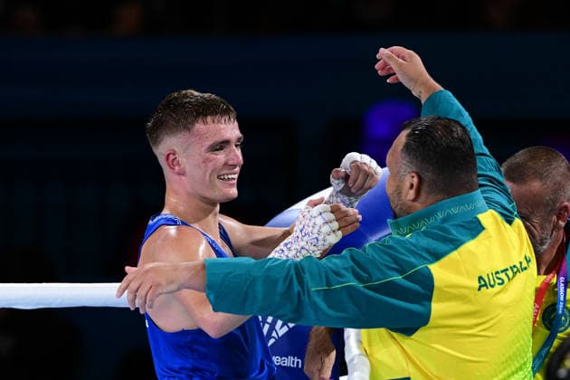 COM26 BOXING, Jacob Cassar (blue) of Australia celebrates his win in his Quarter Final match against Gabriel Labrie (red) of Canada during the Glasgow 2026 Commonwealth Games at SEC Centre in Glasgow, United Kingdom, Tuesday, July 28, 2026. ( NO ARCHIVING, EDITORIAL USE ONLY, AUSTRALIA ONLY Glasgow Scotland United Kingdom  Copyright: xDEANxLEWEINSx 20260728146640693340