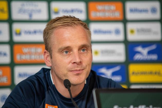 SOCCER - UEFA ECL, Rapid vs Santa Coloma VIENNA,AUSTRIA,28.JUL.26 - SOCCER - UEFA Conference League, qualification, SK Rapid Wien vs FC Santa Coloma, preview, press conference, PK, Pressekonferenz Rapid. Image shows head coach Johannes Hoff Thorup (Rapid).  GEPAxpictures xGabrielxLopez