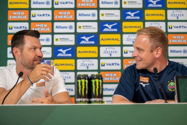 SOCCER - UEFA ECL, Rapid vs Santa Coloma VIENNA,AUSTRIA,28.JUL.26 - SOCCER - UEFA Conference League, qualification, SK Rapid Wien vs FC Santa Coloma, preview, press conference, PK, Pressekonferenz Rapid. Image shows sporting director Markus Katzer and head coach Johannes Hoff Thorup (Rapid).  GEPAxpictures xGabrielxLopez