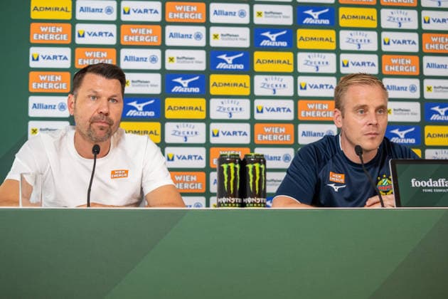 SOCCER - UEFA ECL, Rapid vs Santa Coloma VIENNA,AUSTRIA,28.JUL.26 - SOCCER - UEFA Conference League, qualification, SK Rapid Wien vs FC Santa Coloma, preview, press conference, PK, Pressekonferenz Rapid. Image shows sporting director Markus Katzer and head coach Johannes Hoff Thorup (Rapid).  GEPAxpictures xGabrielxLopez