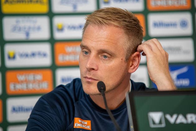 SOCCER - UEFA ECL, Rapid vs Santa Coloma VIENNA,AUSTRIA,28.JUL.26 - SOCCER - UEFA Conference League, qualification, SK Rapid Wien vs FC Santa Coloma, preview, press conference, PK, Pressekonferenz Rapid. Image shows head coach Johannes Hoff Thorup (Rapid).  GEPAxpictures xGabrielxLopez
