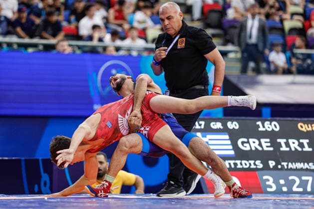 U17, U 17 Wrestling World Championships 60kg GR - Amirreza Saeid Tahmasbpourmarzouni (IRI) df. Pavlos Tsentidis (GRE) *** U17 Wrestling World Championships, 60 kg Greco-Roman: Amirreza Saeid Tahmasbpourmarzouni (IRI) defeated Pavlos Tsentidis (GRE) Copyright: xKostadinxAndonovx UWW-U17-WC-BAKU-2026