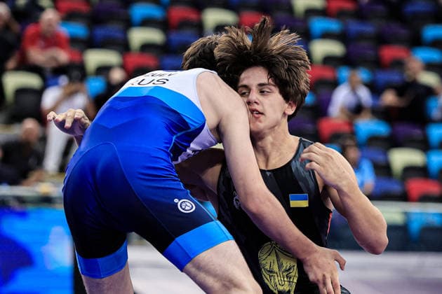 U17, U 17 Wrestling World Championships 71kg GR - Aslan Dzuev (RUS) df. Roman Ivanyk (UKR) *** U17 Wrestling World Championships, 71 kg Greco-Roman: Aslan Dzuev (RUS) defeated Roman Ivanyk (UKR) by fall Copyright: xKostadinxAndonovx UWW-U17-WC-BAKU-2026
