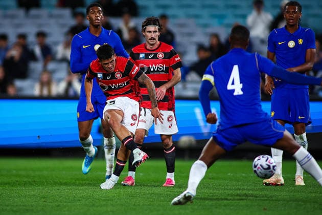 RECORD DATE NOT STATED 28th July 2026, Accor Stadium, Sydney, New South Wales, Australia; Friendly Football, Chelsea versus Western Sydney Wanderers; Aydan Hammond of Western Sydney Wanderers shoots and scores in the 32nd minute for 2-1 KevinxManning